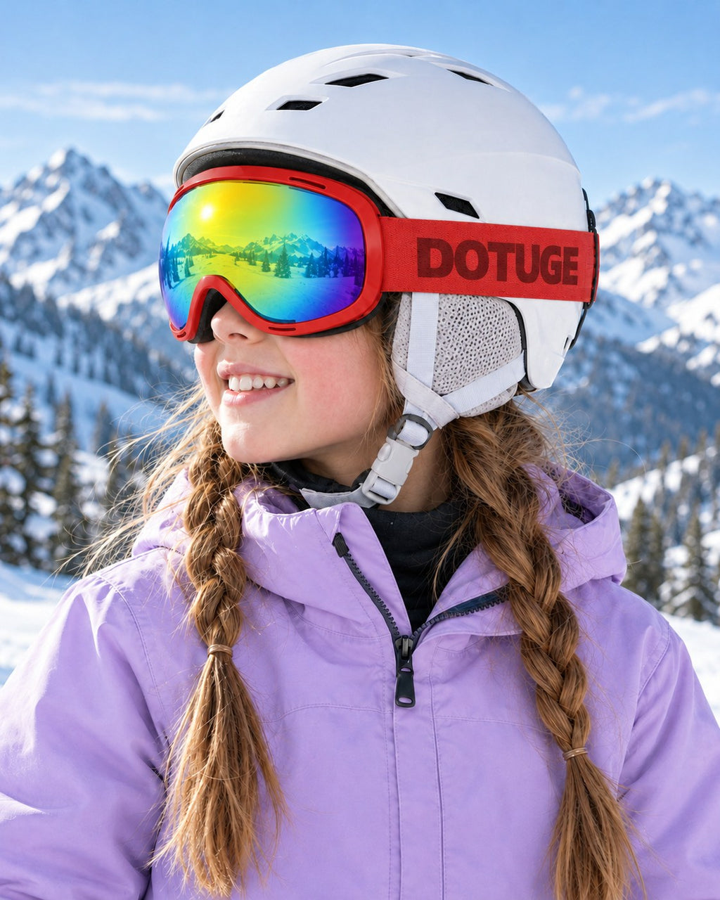 Rascal | Kids Snow Goggles | Spherical Lens, UV400 Protection | Skiing and Snowboarding-Rainbow Lens / Red Frame / Red Strap – worn with a ski helmet, close-up – Snowgest