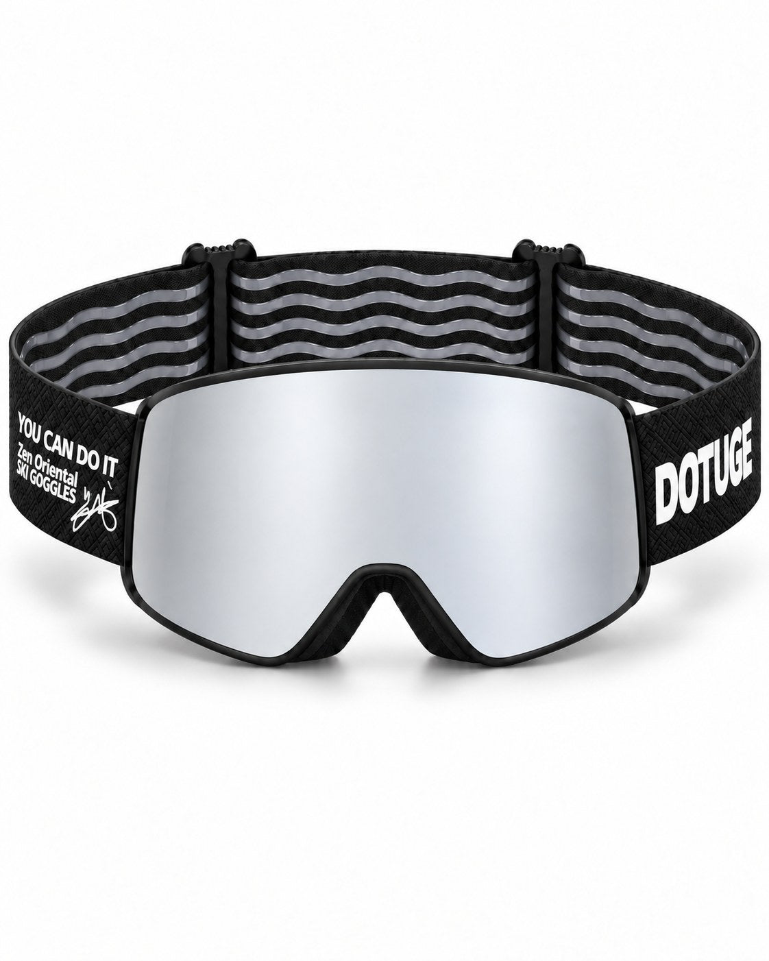 Ridge | Snow Goggles | Cylindrical Lens, UV400 Protection | Skiing and Snowboarding-Silver Lens / Black Frame / Black Strap – front view, studio – Snowgest
