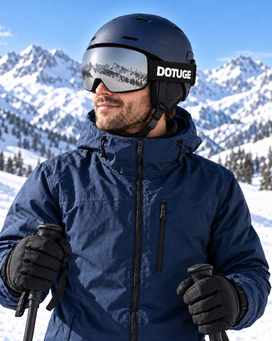 Ridge | Snow Goggles | Cylindrical Lens, UV400 Protection | Skiing and Snowboarding-Silver Lens / Black Frame / Black Strap – worn by a skier on the slopes – Snowgest