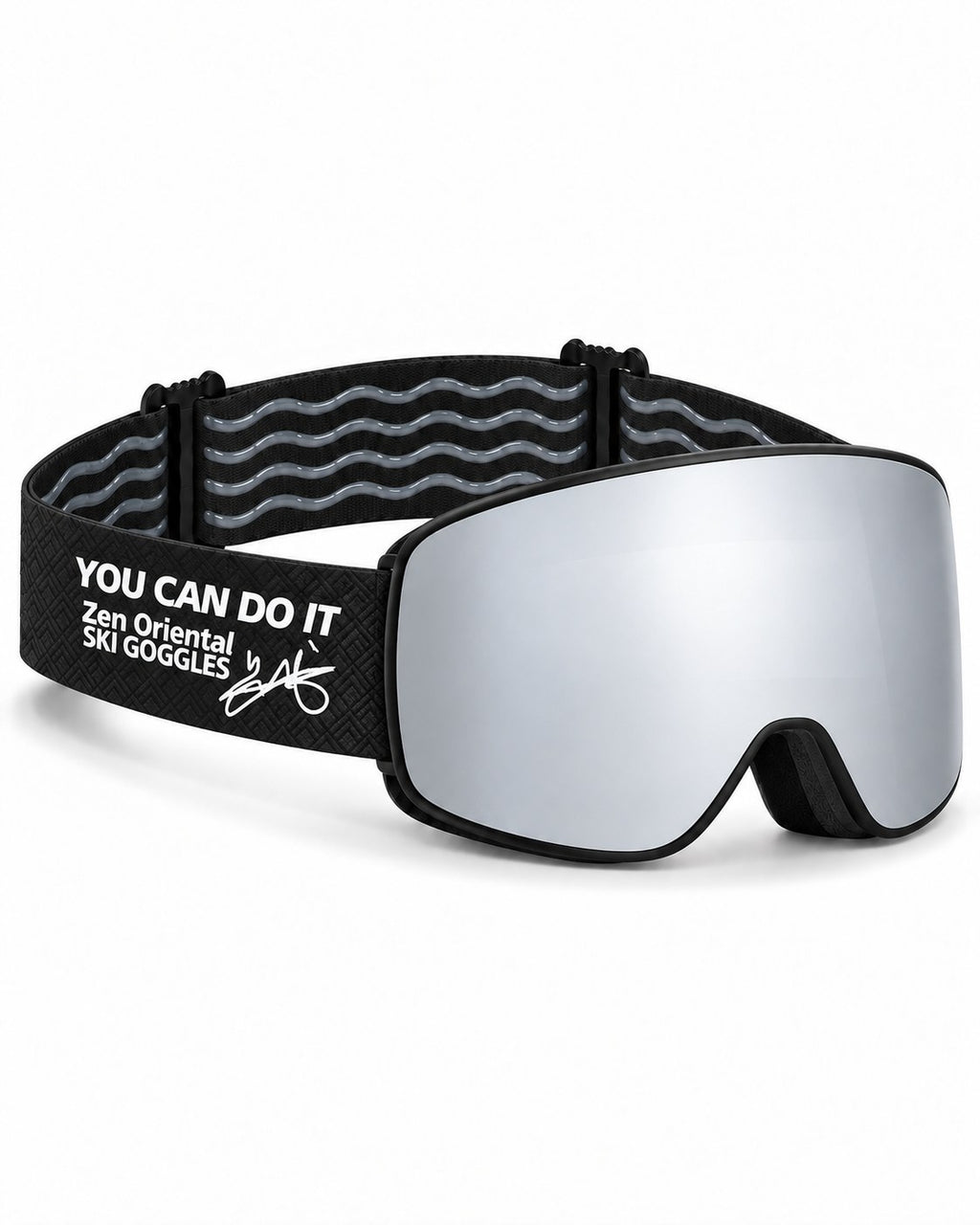 Ridge | Snow Goggles | Cylindrical Lens, UV400 Protection | Skiing and Snowboarding-Silver Lens / Black Frame / Black Strap – opposite side view, studio – Snowgest