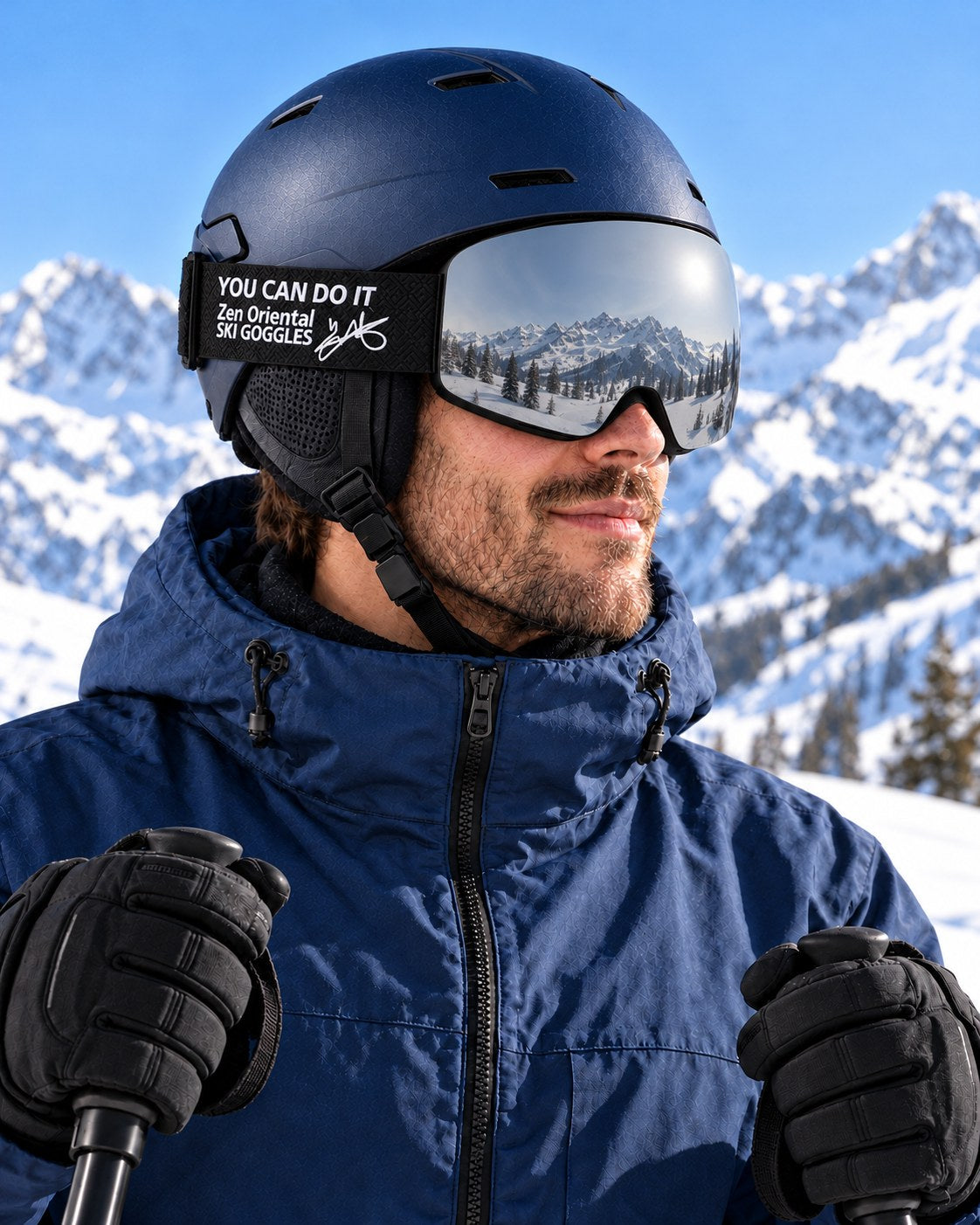 Ridge | Snow Goggles | Cylindrical Lens, UV400 Protection | Skiing and Snowboarding-Silver Lens / Black Frame / Black Strap – side view worn by a skier – Snowgest
