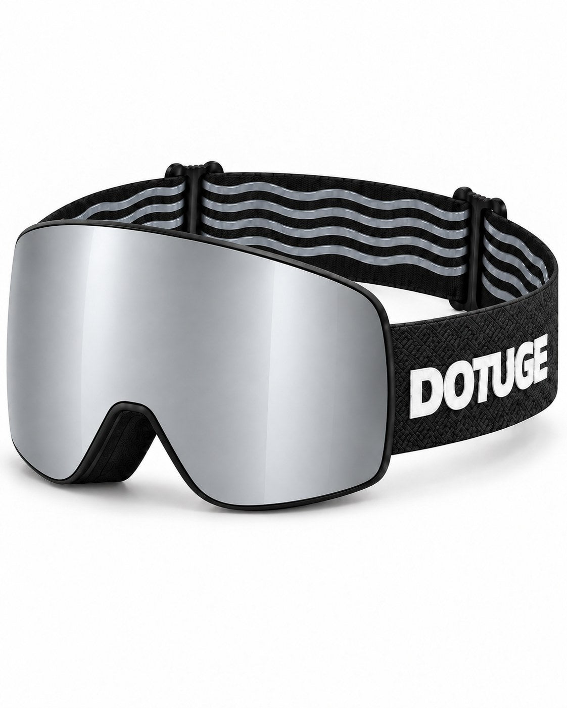 Ridge | Snow Goggles | Cylindrical Lens, UV400 Protection | Skiing and Snowboarding-Silver Lens / Black Frame / Black Strap – three-quarter view, studio – Snowgest