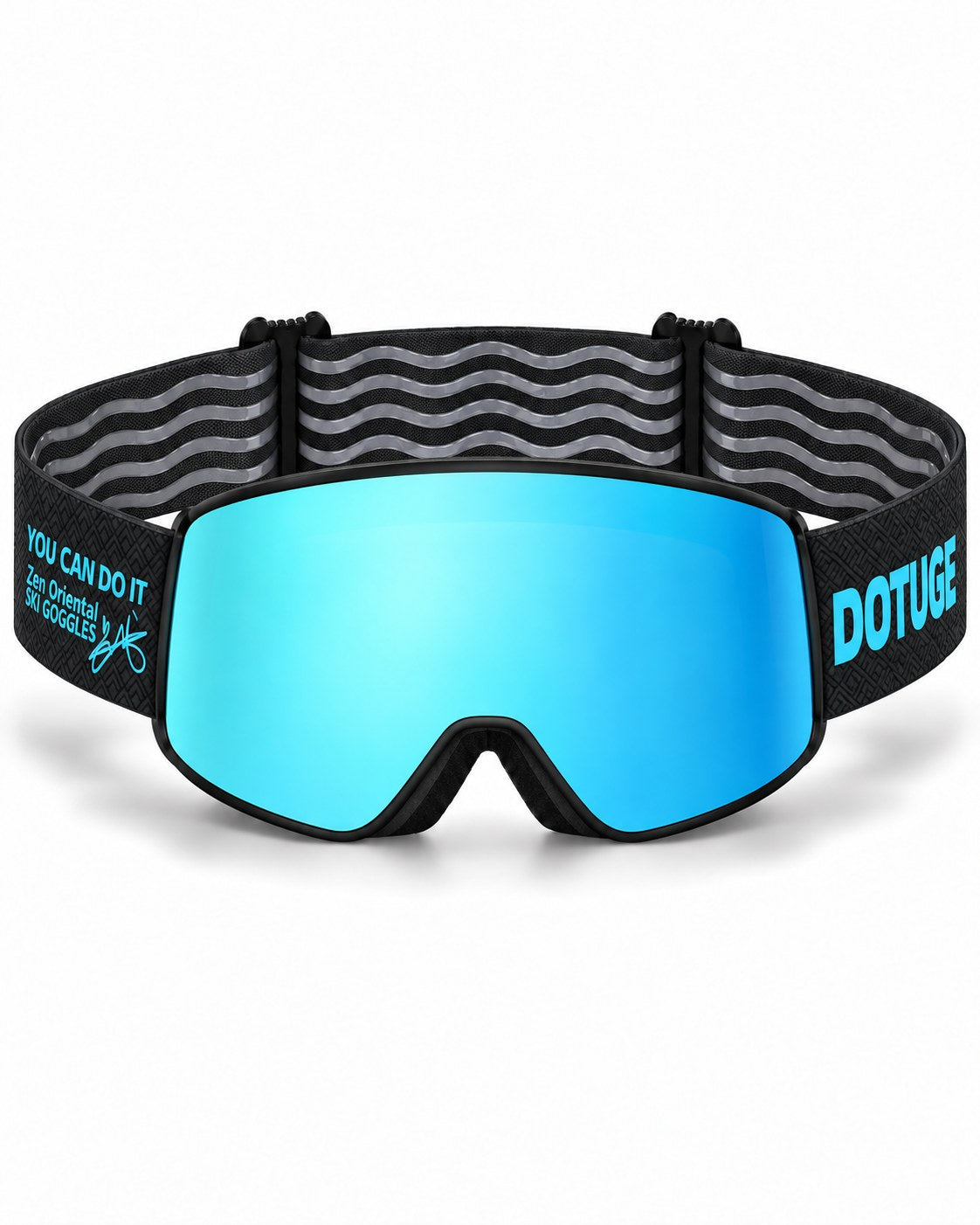 Shift | Snow Goggles | Photochromic Cylindrical Lens, UV400 Protection | Skiing and Snowboarding-Ice Blue Lens / Black Frame / Black Strap – front view, studio – Snowgest