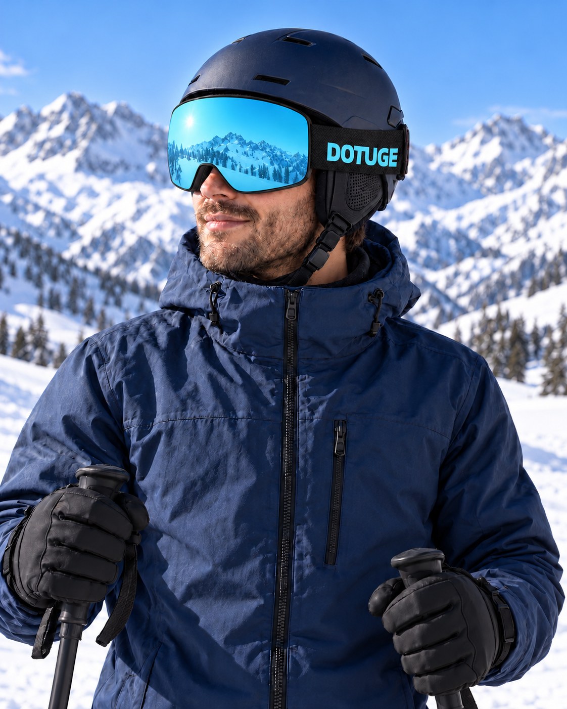 Shift | Snow Goggles | Photochromic Cylindrical Lens, UV400 Protection | Skiing and Snowboarding-Ice Blue Lens / Black Frame / Black Strap – worn by a skier on the slopes – Snowgest