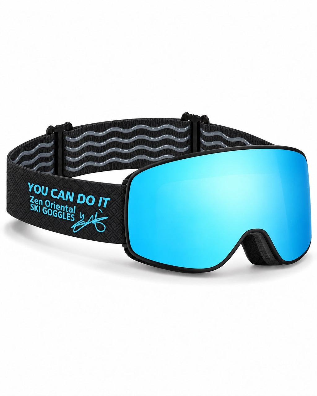 Shift | Snow Goggles | Photochromic Cylindrical Lens, UV400 Protection | Skiing and Snowboarding-Ice Blue Lens / Black Frame / Black Strap – opposite side view, studio – Snowgest