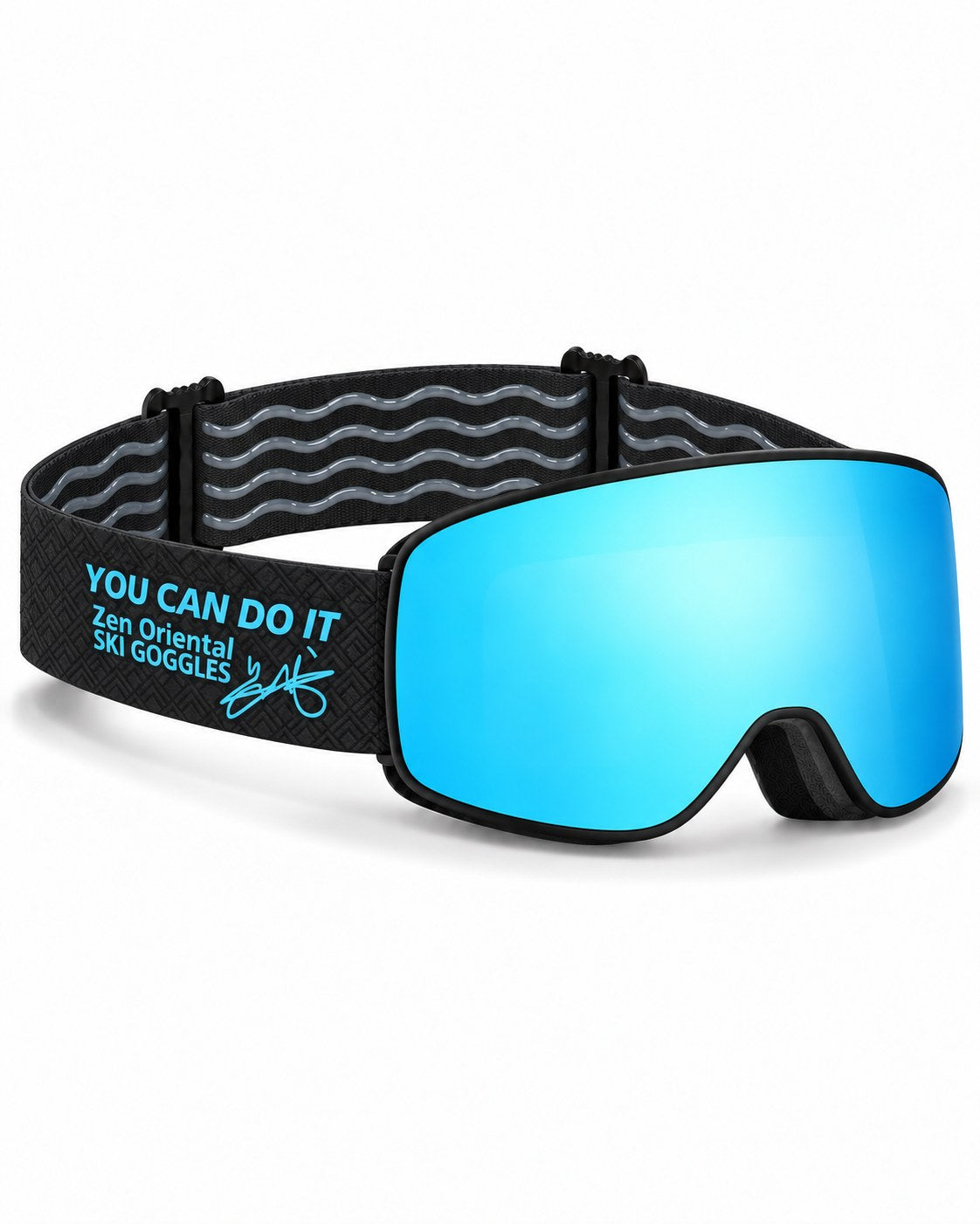 Shift | Snow Goggles | Photochromic Cylindrical Lens, UV400 Protection | Skiing and Snowboarding-Ice Blue Lens / Black Frame / Black Strap – opposite side view, studio – Snowgest