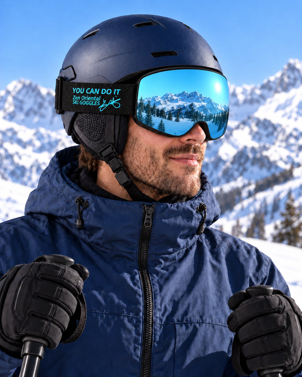 Shift | Snow Goggles | Photochromic Cylindrical Lens, UV400 Protection | Skiing and Snowboarding-Ice Blue Lens / Black Frame / Black Strap – side view worn by a skier – Snowgest