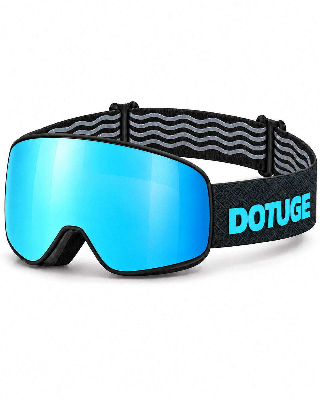 Shift | Snow Goggles | Photochromic Cylindrical Lens, UV400 Protection | Skiing and Snowboarding-Ice Blue Lens / Black Frame / Black Strap – three-quarter view, studio – Snowgest