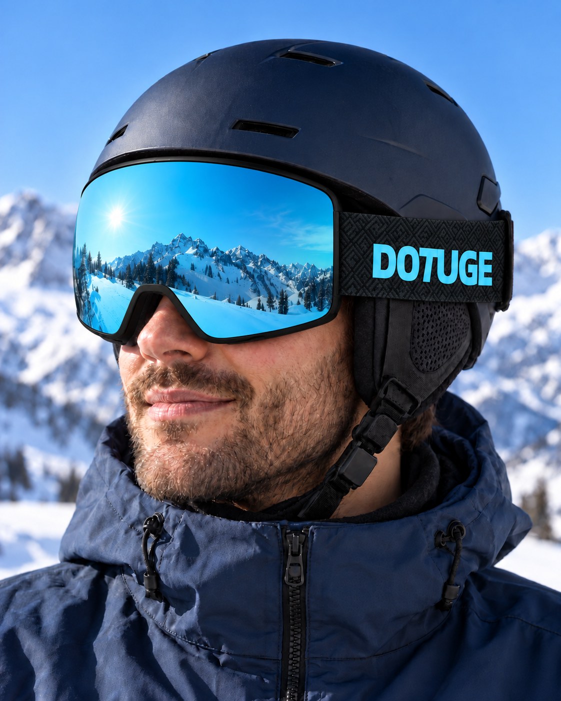 Shift | Snow Goggles | Photochromic Cylindrical Lens, UV400 Protection | Skiing and Snowboarding-Ice Blue Lens / Black Frame / Black Strap – worn with a ski helmet, close-up – Snowgest