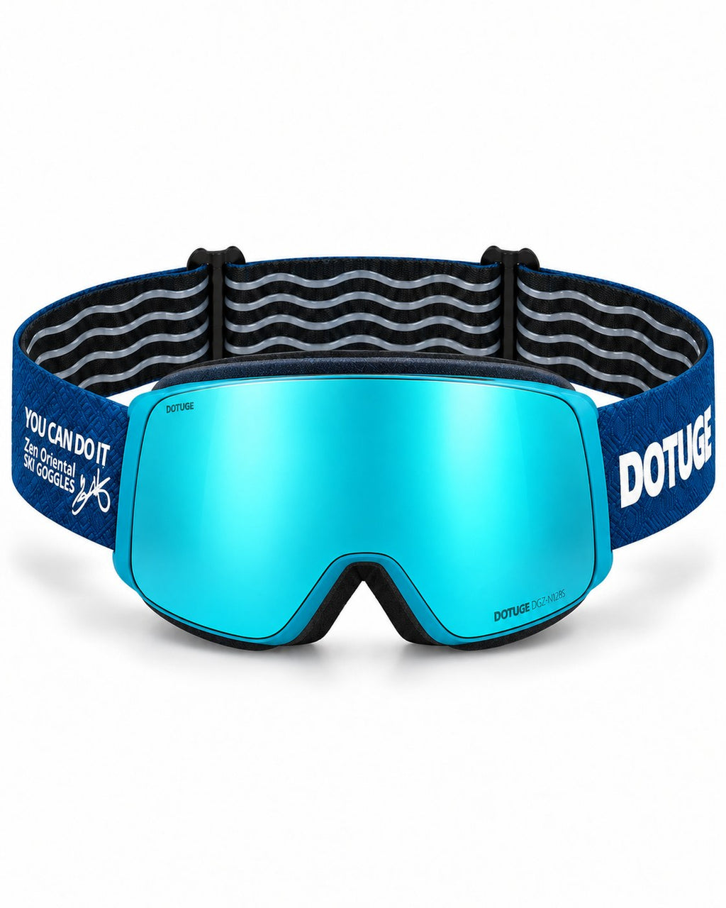 Slate 1 | Snow Goggles | Photochromic Cylindrical Lens, UV400 Protection | Skiing and Snowboarding-Teal Lens / Blue Frame / Blue Strap – front view, studio – Snowgest