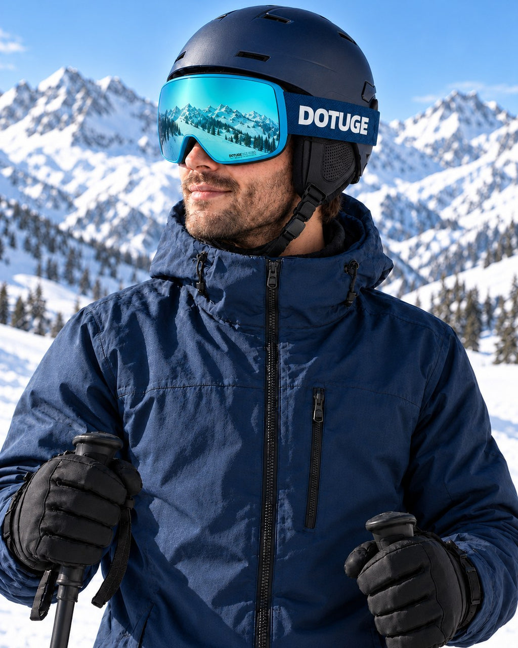 Slate 1 | Snow Goggles | Photochromic Cylindrical Lens, UV400 Protection | Skiing and Snowboarding-Teal Lens / Blue Frame / Blue Strap – worn by a skier on the slopes – Snowgest