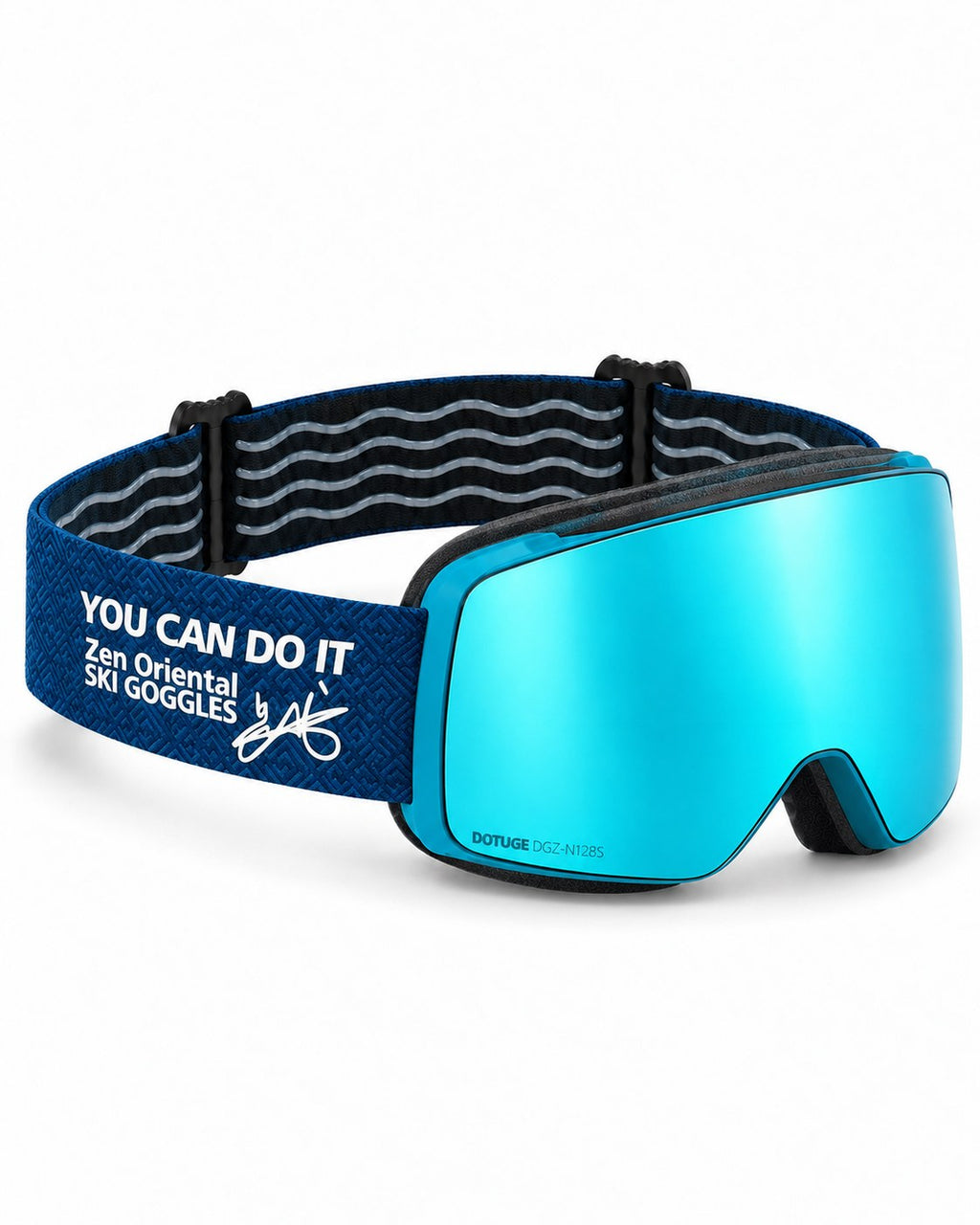 Slate 1 | Snow Goggles | Photochromic Cylindrical Lens, UV400 Protection | Skiing and Snowboarding-Teal Lens / Blue Frame / Blue Strap – opposite side view, studio – Snowgest