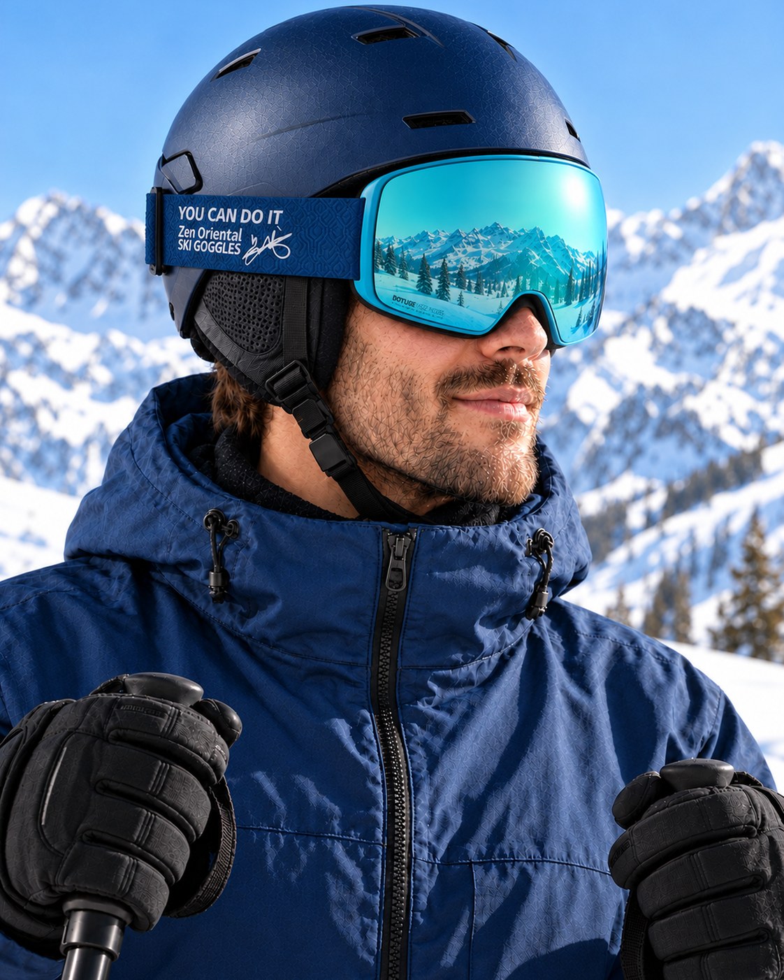 Slate 1 | Snow Goggles | Photochromic Cylindrical Lens, UV400 Protection | Skiing and Snowboarding-Teal Lens / Blue Frame / Blue Strap – side view worn by a skier – Snowgest