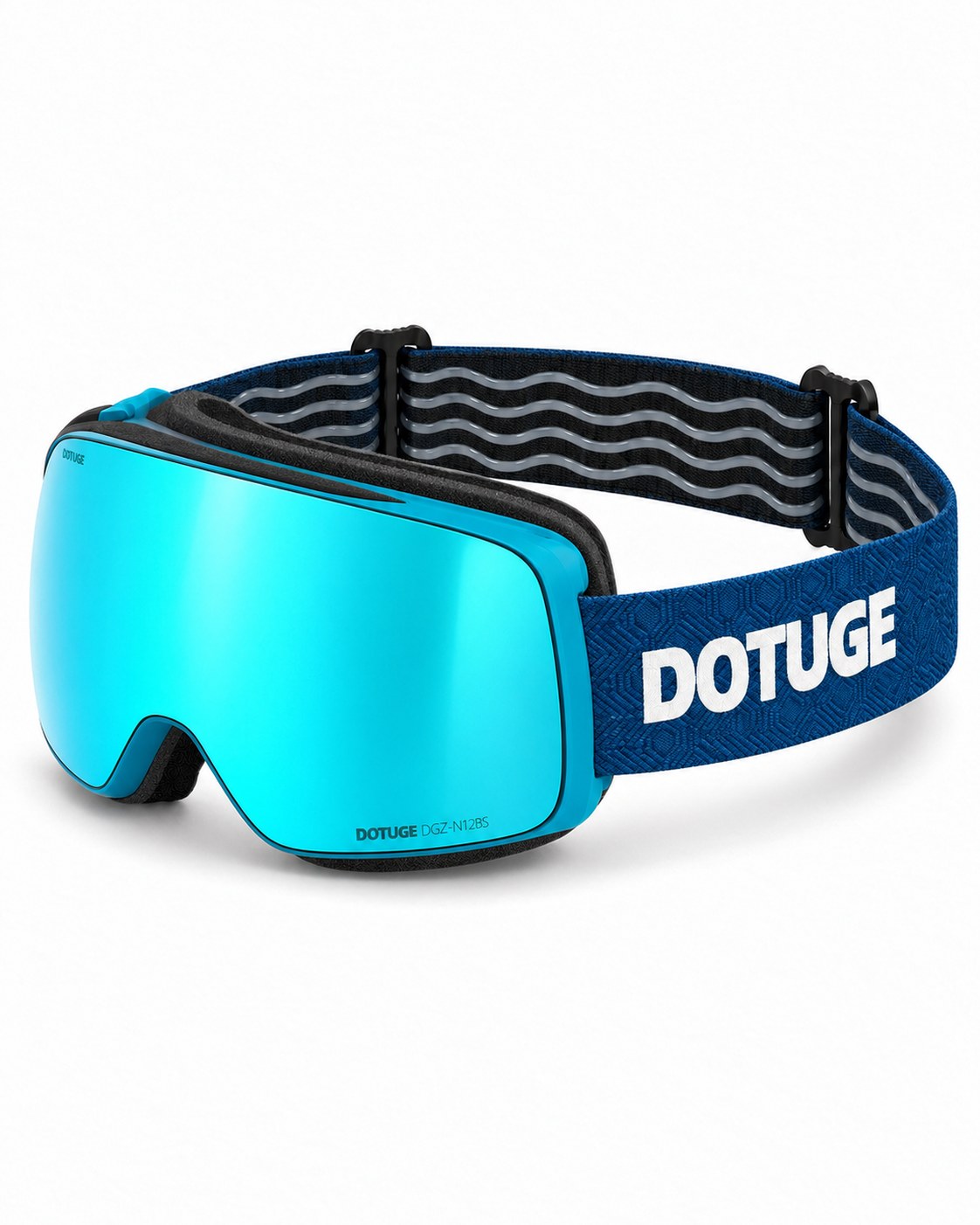 Slate 1 | Snow Goggles | Photochromic Cylindrical Lens, UV400 Protection | Skiing and Snowboarding-Teal Lens / Blue Frame / Blue Strap – three-quarter view, studio – Snowgest
