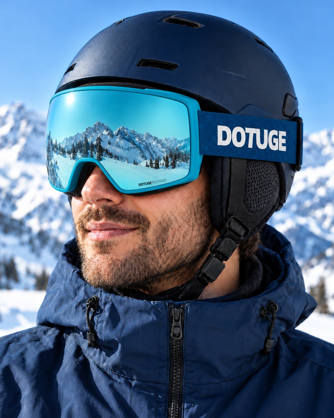 Slate 1 | Snow Goggles | Photochromic Cylindrical Lens, UV400 Protection | Skiing and Snowboarding-Teal Lens / Blue Frame / Blue Strap – worn with a ski helmet, close-up – Snowgest
