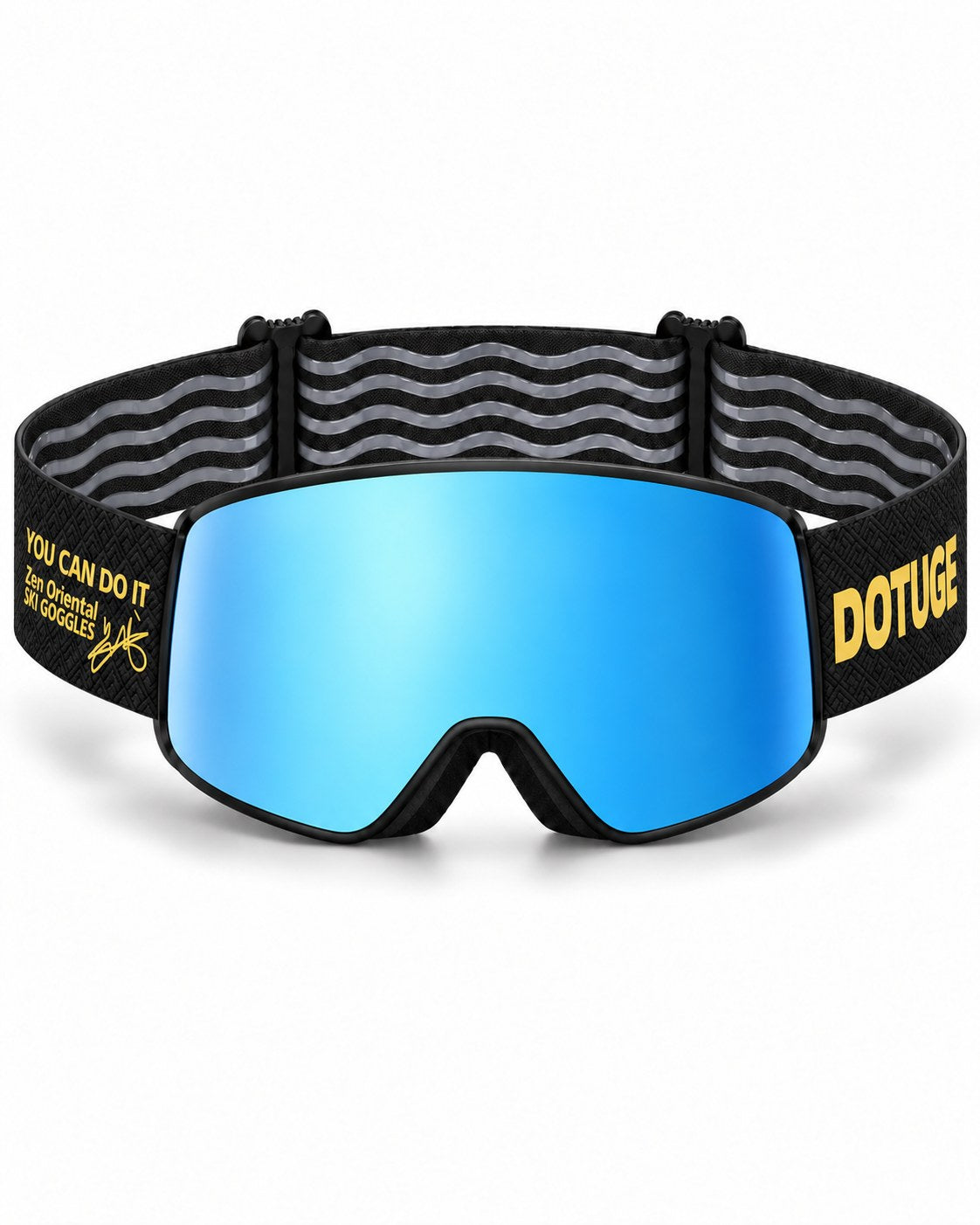 Slate 2 | Snow Goggles | Cylindrical Lens, UV400 Protection | Skiing and Snowboarding-Blue Lens / Black Frame / Black Strap – front view, studio – Snowgest