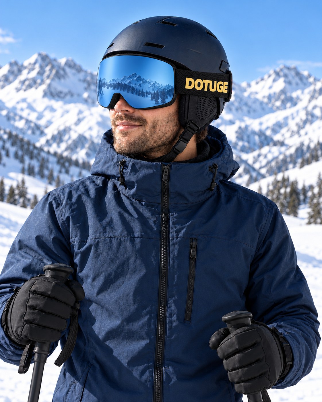 Slate 2 | Snow Goggles | Cylindrical Lens, UV400 Protection | Skiing and Snowboarding-Blue Lens / Black Frame / Black Strap – worn by a skier on the slopes – Snowgest