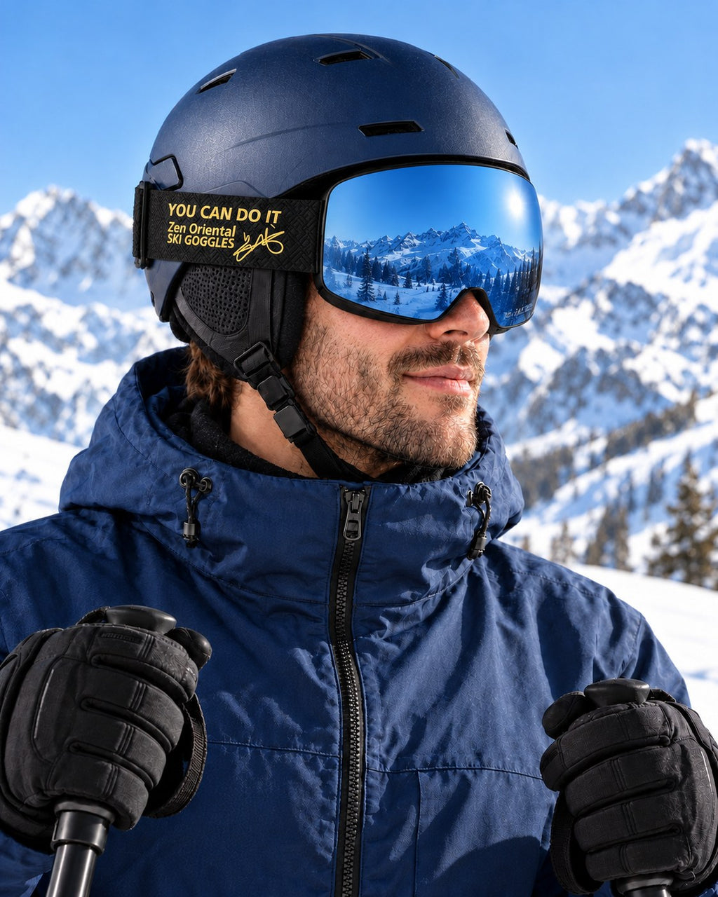 Slate 2 | Snow Goggles | Cylindrical Lens, UV400 Protection | Skiing and Snowboarding-Blue Lens / Black Frame / Black Strap – side view worn by a skier – Snowgest