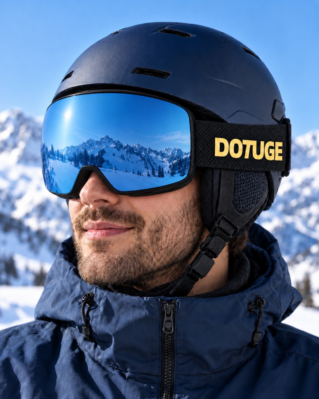 Slate 2 | Snow Goggles | Cylindrical Lens, UV400 Protection | Skiing and Snowboarding-Blue Lens / Black Frame / Black Strap – worn with a ski helmet, close-up – Snowgest