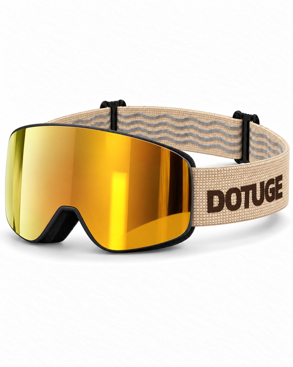 Vista | Snow Goggles | Photochromic Cylindrical Flip Cover Lens, UV400 Protection | Skiing and Snowboarding-Gold Lens / Black Frame / Beige Strap – three-quarter view, studio – Snowgest