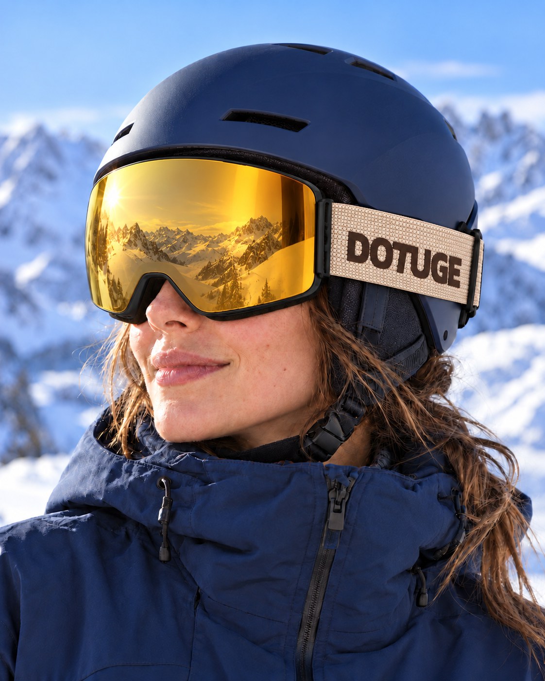Vista | Snow Goggles | Photochromic Cylindrical Flip Cover Lens, UV400 Protection | Skiing and Snowboarding-Gold Lens / Black Frame / Beige Strap – worn with a ski helmet, close-up – Snowgest